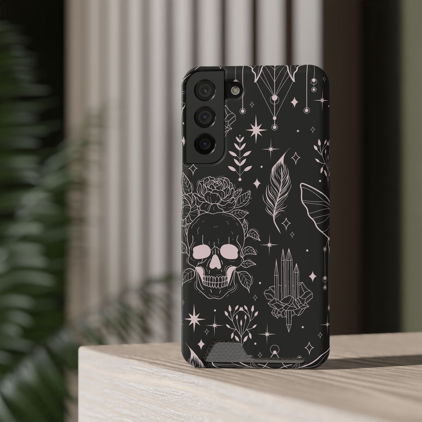 Mystic Skull Dark Aesthetic Phone Case with Card Holder — Gothic Crystal & Feather Design Luxury Cover