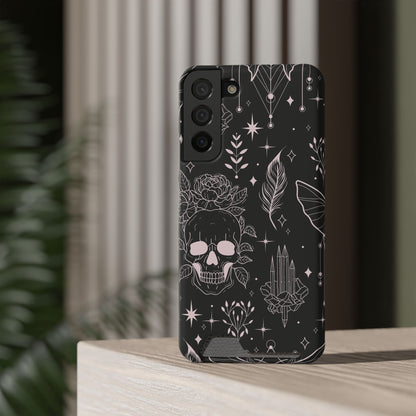 Mystic Skull Dark Aesthetic Phone Case with Card Holder — Gothic Crystal & Feather Design Luxury Cover