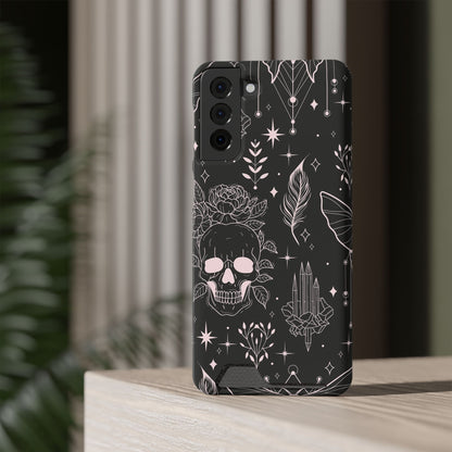 Mystic Skull Dark Aesthetic Phone Case with Card Holder — Gothic Crystal & Feather Design Luxury Cover