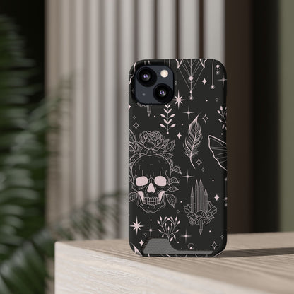 Mystic Skull Dark Aesthetic Phone Case with Card Holder — Gothic Crystal & Feather Design Luxury Cover