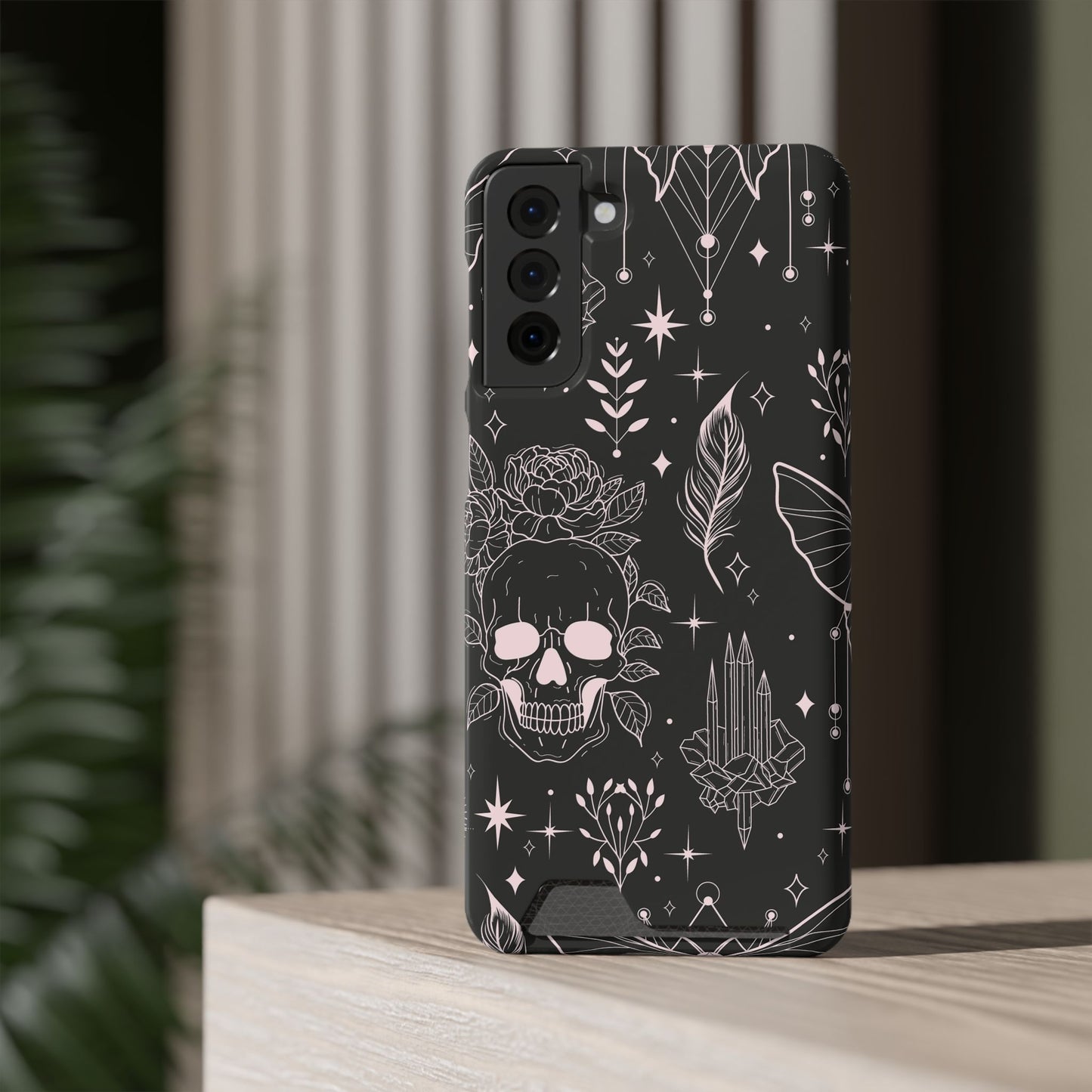 Mystic Skull Dark Aesthetic Phone Case with Card Holder — Gothic Crystal & Feather Design Luxury Cover