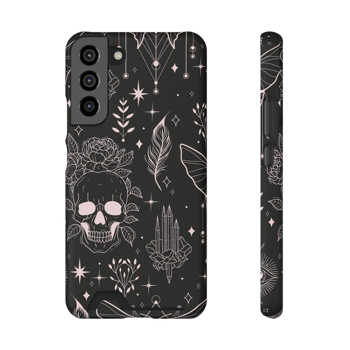 Mystic Skull Dark Aesthetic Phone Case with Card Holder — Gothic Crystal & Feather Design Luxury Cover